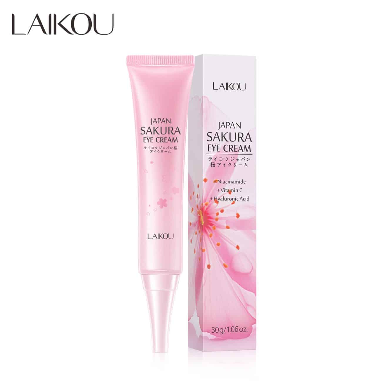 Laikou Sakura Eye Cream - Dark Circles treatment with Niacinamide, Vitamin C, and Hyaluronic Acid in 30g tube and floral box packaging.