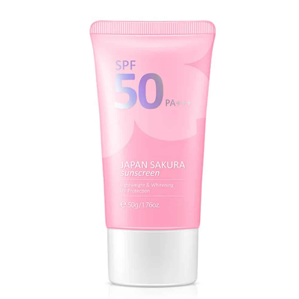 Laikou Sakura Sunblock SPF50 PA+++ in 50g pink tube offers UV defense and skin brightening. Ideal for daily sun protection in skincare routines.