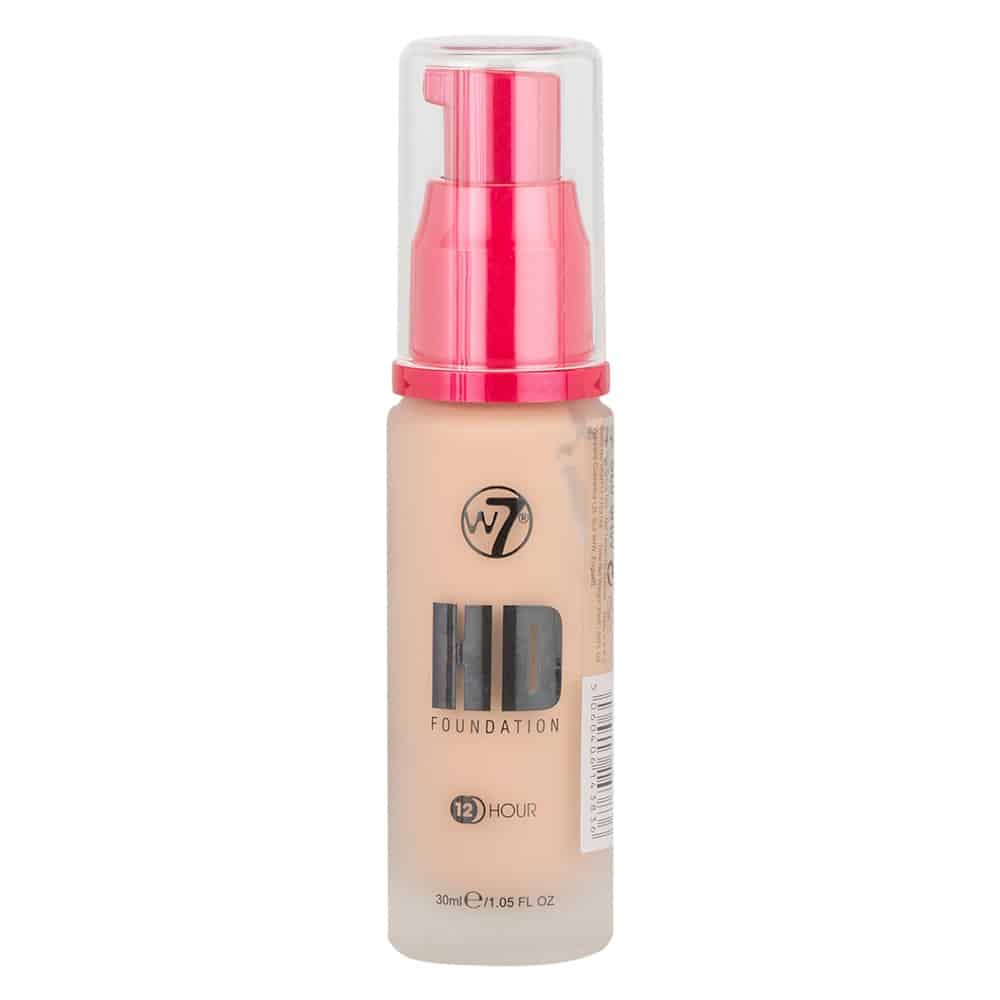 W7 HD Foundation with pink pump cap, 30ml bottle offering full coverage and 12-hour wear. Ideal face makeup for flawless skin in Bangladesh.